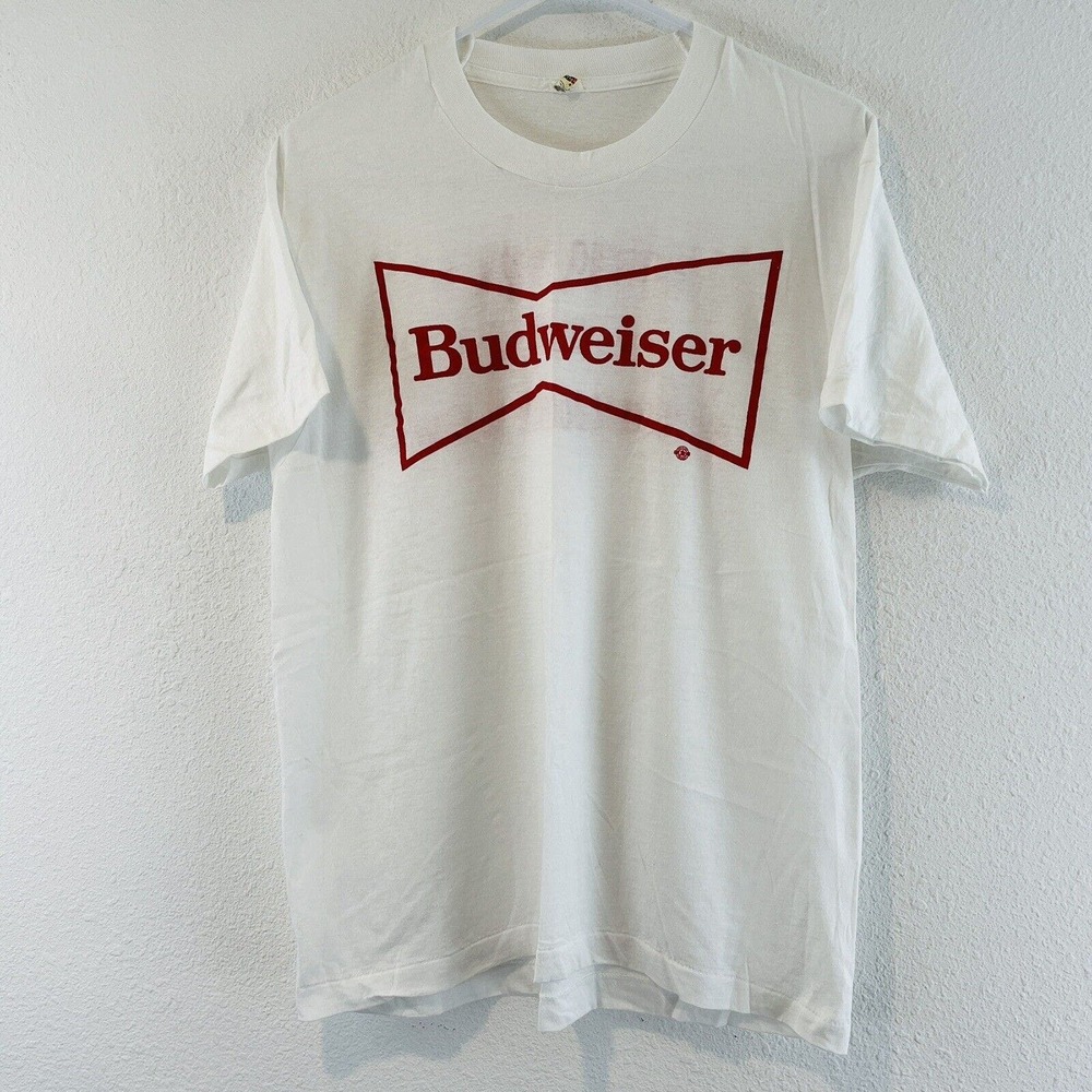 Vtg XL Budweiser T-Shirt Nothing Beats A Bud At Boone County Raceway White